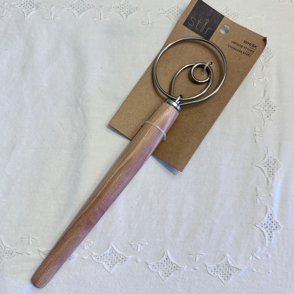 New! Stainless Steel and Wood Danish style Dough Whisk, Dutch Hand Mixer